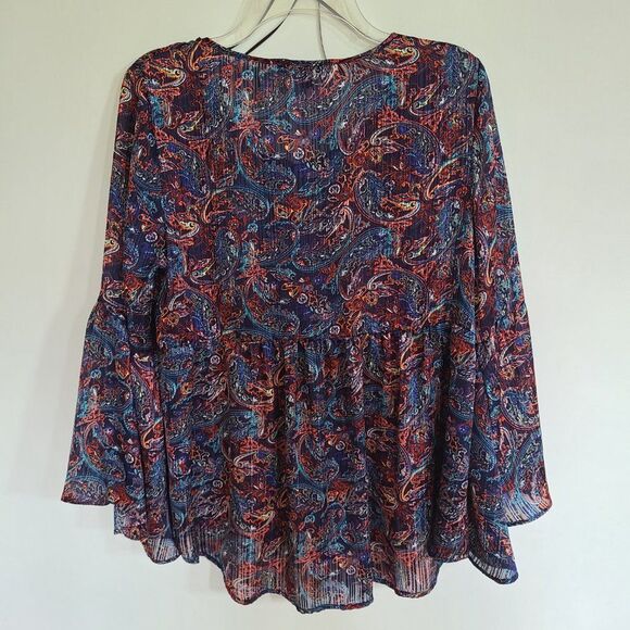 Relativity Black Paisley Gathered Blouse Multi Color 3/4 Bell Sleeve Sz Medium - Picture 10 of 16